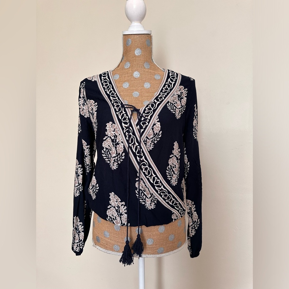 V Neck Long Sleeve Faux Wrap Blouse